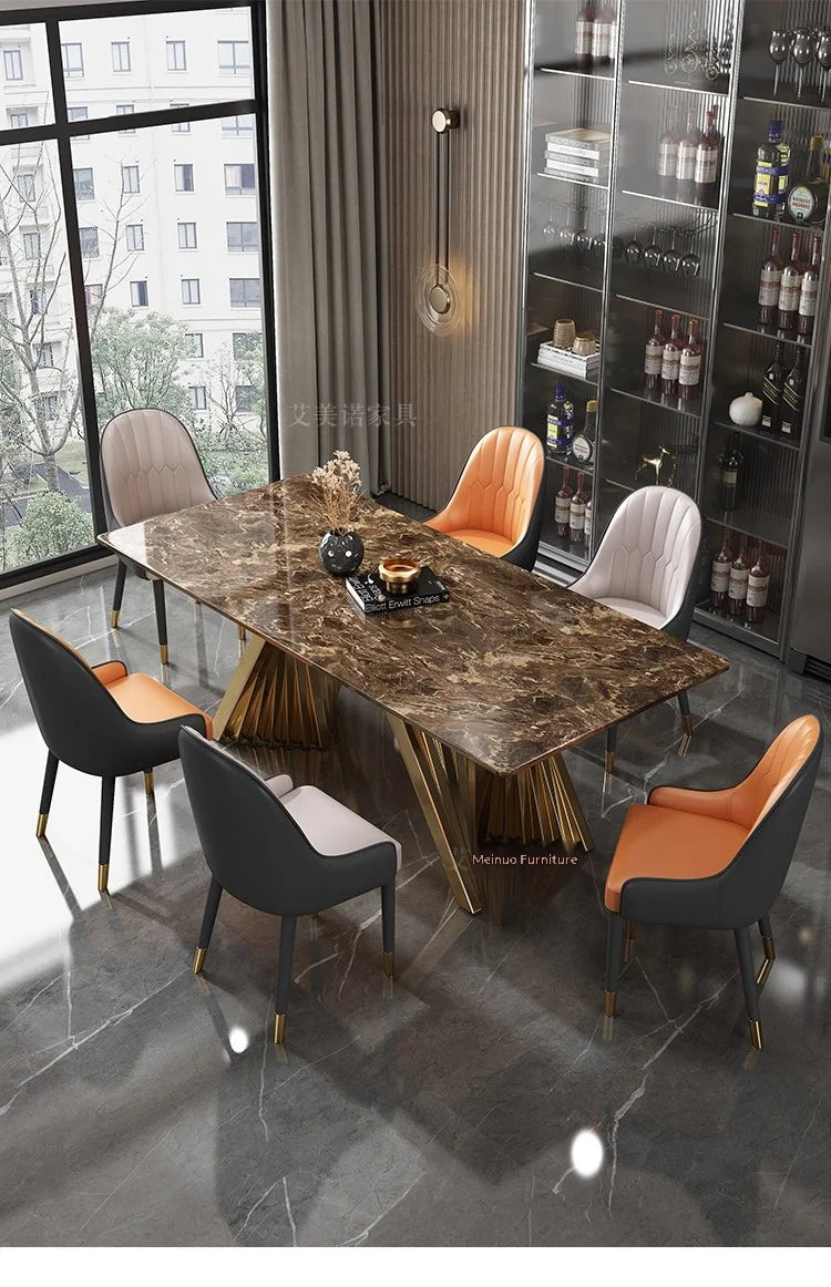 Marble Dining Table with Gold Metal Frame, Elegant Household Furniture for Dining Room & Guest Room.