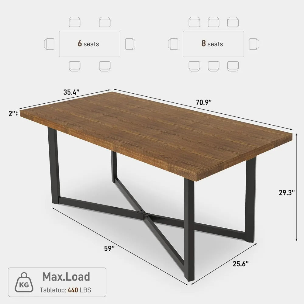 71" Farmhouse Solid Wood Dining Table for 4 6 8 People, Rustic Large Wooden Kitchen Table Rectangular Hardwood Top with Steel Le