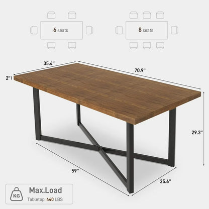 71" Farmhouse Solid Wood Dining Table for 4 6 8 People, Rustic Large Wooden Kitchen Table Rectangular Hardwood Top with Steel Le