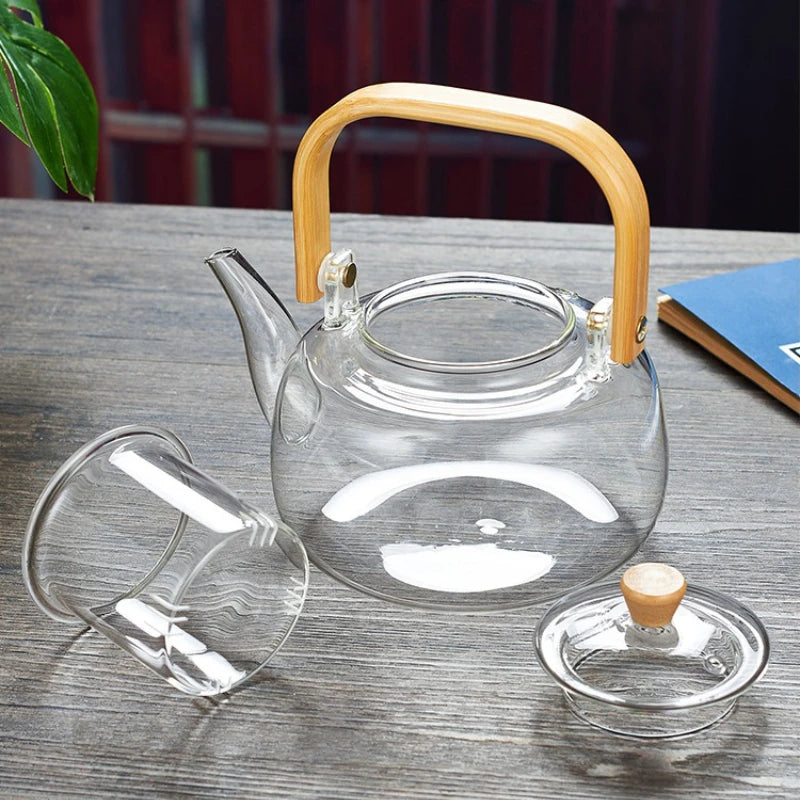 1000/1200ml Teapot High Borosilicate Glass Chinese Tea Ceremony Clear Teapot with Filter Wood Handle for Electric Ceramic Stove