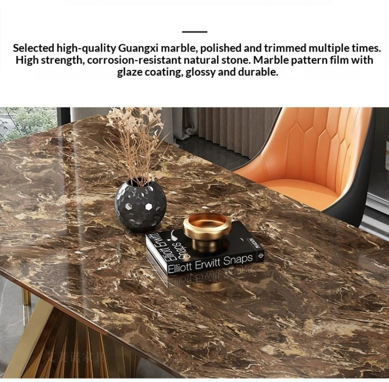 Marble Dining Table with Gold Metal Frame, Elegant Household Furniture for Dining Room & Guest Room.