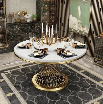 Designer Luxury round dinning Marble Rock Slab dining table set 6 chairs mesa comedor sillas furniture Stainless steel gold base