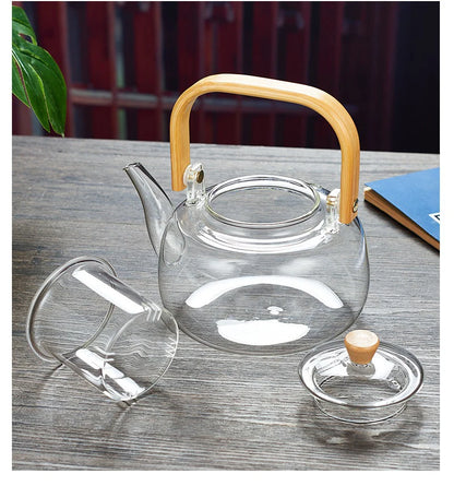 1000/1200ml Teapot High Borosilicate Glass Chinese Tea Ceremony Clear Teapot with Filter Wood Handle for Electric Ceramic Stove
