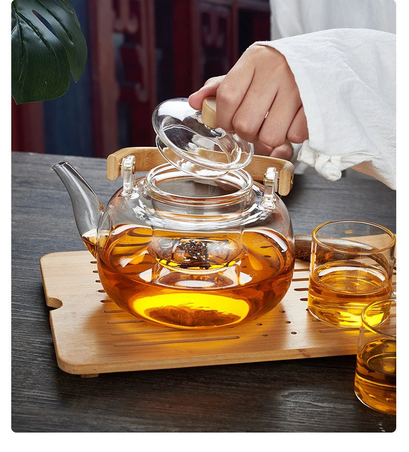 1000/1200ml Teapot High Borosilicate Glass Chinese Tea Ceremony Clear Teapot with Filter Wood Handle for Electric Ceramic Stove