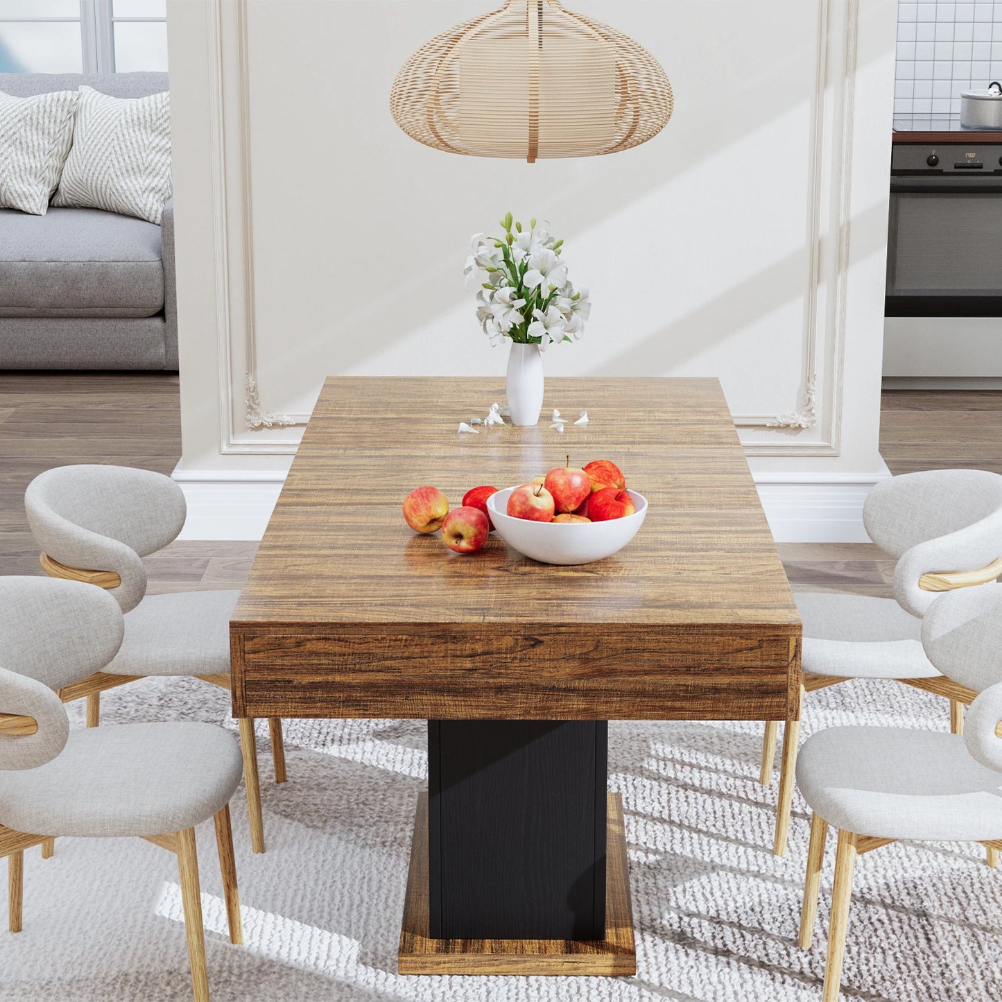 Bigbiglife 55" LED Dining Table with 2 Drawers,Wood Pedestal Base Kitchen Table for 4-6 People
