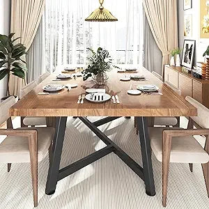 71" Farmhouse Solid Wood Dining Table for 4 6 8 People, Rustic Large Wooden Kitchen Table Rectangular Hardwood Top with Steel Le