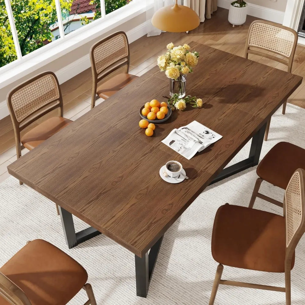 71" Farmhouse Solid Wood Dining Table for 4 6 8 People, Rustic Large Wooden Kitchen Table Rectangular Hardwood Top with Steel Le