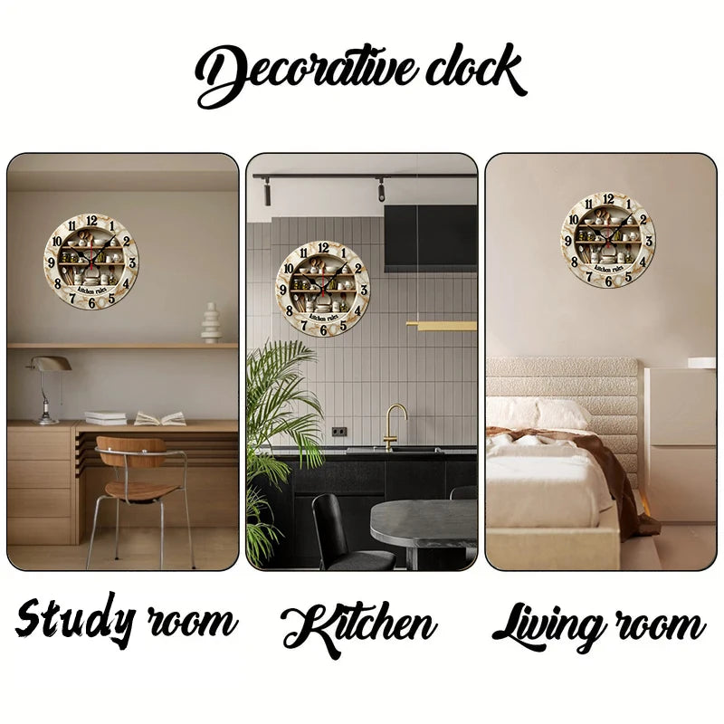 2D Flat Kitchen Rules Design Wooden Round Silent Hanging Wall Clock,For Living Room,Office,Study Room,Bedroom, Home Decoration