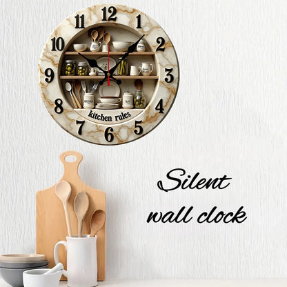 2D Flat Kitchen Rules Design Wooden Round Silent Hanging Wall Clock,For Living Room,Office,Study Room,Bedroom, Home Decoration