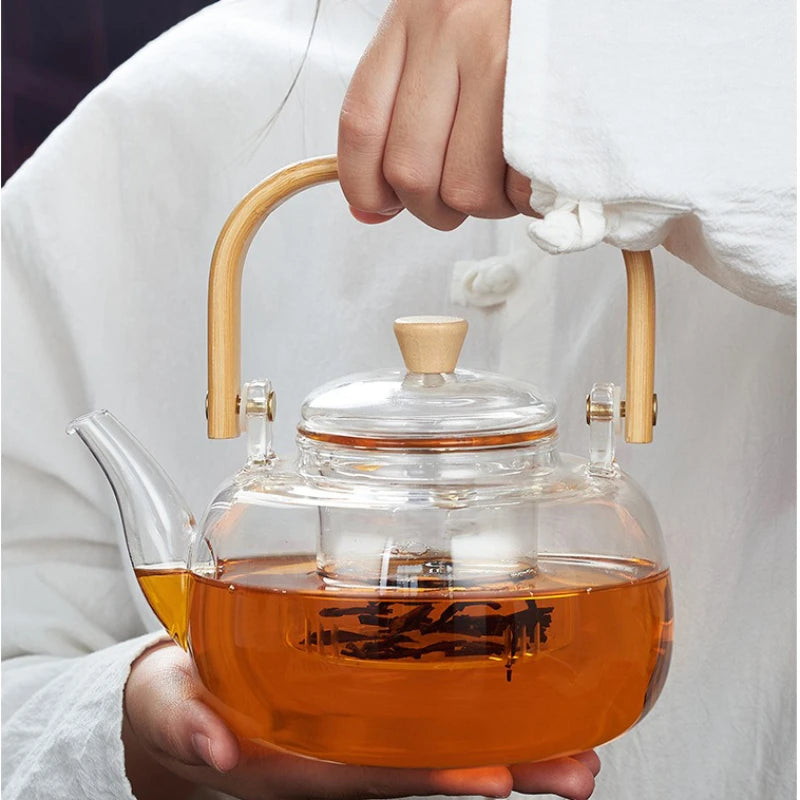 1000/1200ml Teapot High Borosilicate Glass Chinese Tea Ceremony Clear Teapot with Filter Wood Handle for Electric Ceramic Stove