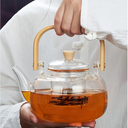1000/1200ml Teapot High Borosilicate Glass Chinese Tea Ceremony Clear Teapot with Filter Wood Handle for Electric Ceramic Stove