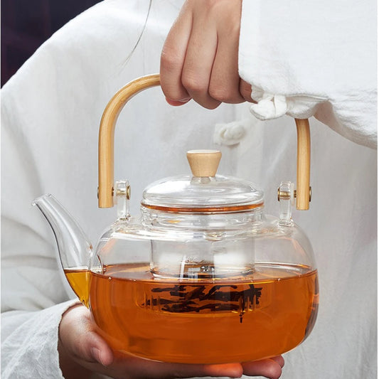 1000/1200ml Teapot High Borosilicate Glass Chinese Tea Ceremony Clear Teapot with Filter Wood Handle for Electric Ceramic Stove
