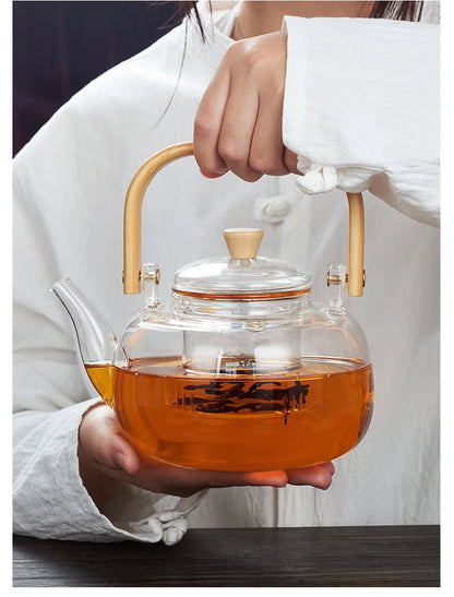 1000/1200ml Teapot High Borosilicate Glass Chinese Tea Ceremony Clear Teapot with Filter Wood Handle for Electric Ceramic Stove