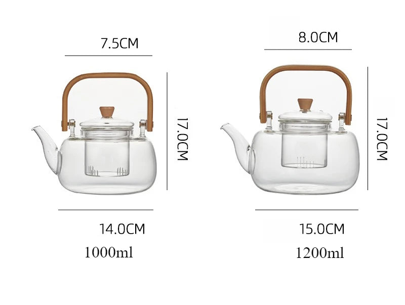 1000/1200ml Teapot High Borosilicate Glass Chinese Tea Ceremony Clear Teapot with Filter Wood Handle for Electric Ceramic Stove