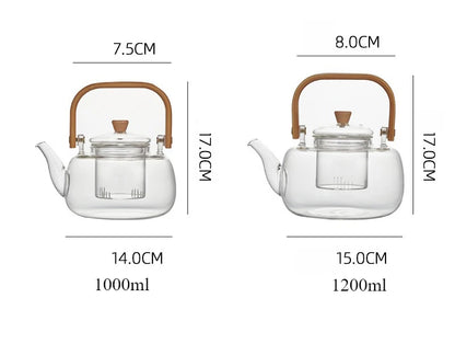 1000/1200ml Teapot High Borosilicate Glass Chinese Tea Ceremony Clear Teapot with Filter Wood Handle for Electric Ceramic Stove