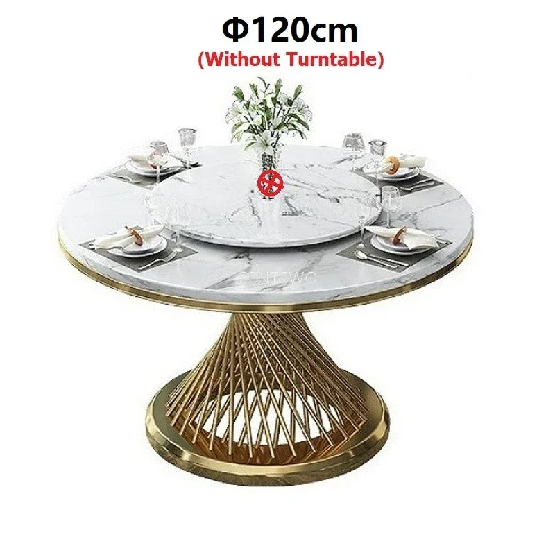 Designer Luxury round dinning Marble Rock Slab dining table set 6 chairs mesa comedor sillas furniture Stainless steel gold base