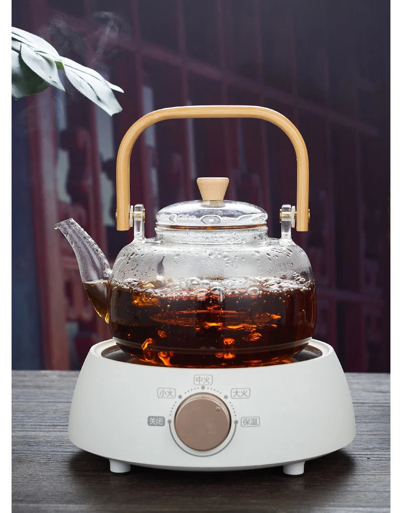 1000/1200ml Teapot High Borosilicate Glass Chinese Tea Ceremony Clear Teapot with Filter Wood Handle for Electric Ceramic Stove