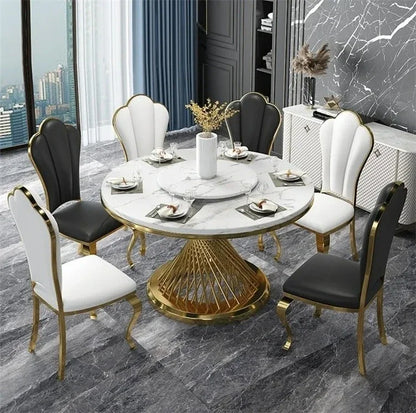 Designer Luxury round dinning Marble Rock Slab dining table set 6 chairs mesa comedor sillas furniture Stainless steel gold base