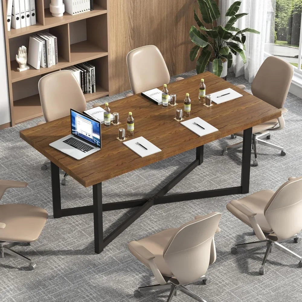71" Farmhouse Solid Wood Dining Table for 4 6 8 People, Rustic Large Wooden Kitchen Table Rectangular Hardwood Top with Steel Le