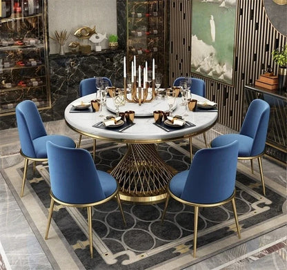 Designer Luxury round dinning Marble Rock Slab dining table set 6 chairs mesa comedor sillas furniture Stainless steel gold base