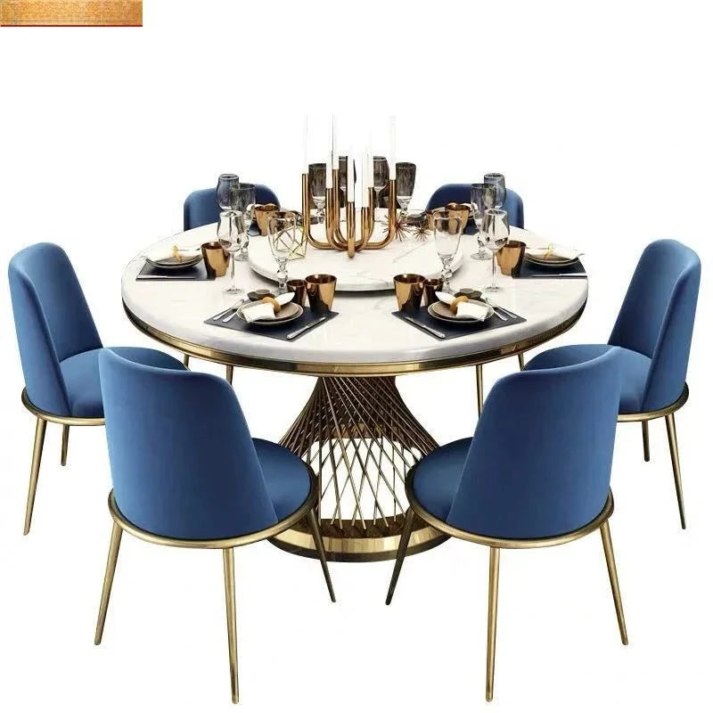 Designer Luxury round dinning Marble Rock Slab dining table set 6 chairs mesa comedor sillas furniture Stainless steel gold base