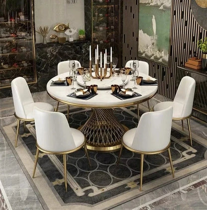 Designer Luxury round dinning Marble Rock Slab dining table set 6 chairs mesa comedor sillas furniture Stainless steel gold base