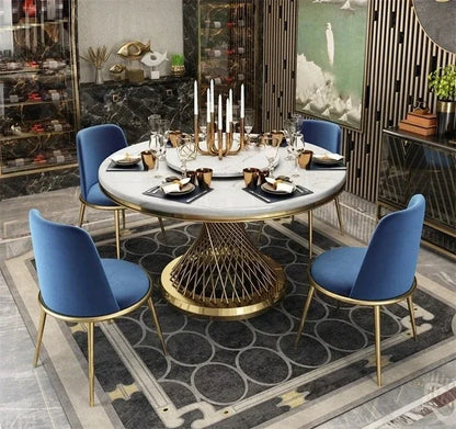 Designer Luxury round dinning Marble Rock Slab dining table set 6 chairs mesa comedor sillas furniture Stainless steel gold base