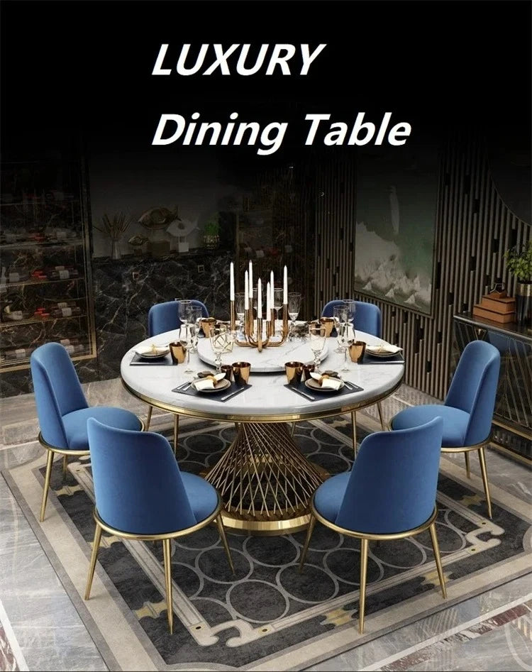 Designer Luxury round dinning Marble Rock Slab dining table set 6 chairs mesa comedor sillas furniture Stainless steel gold base