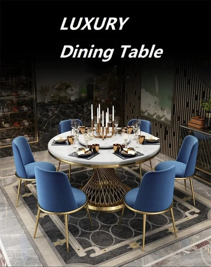 Designer Luxury round dinning Marble Rock Slab dining table set 6 chairs mesa comedor sillas furniture Stainless steel gold base