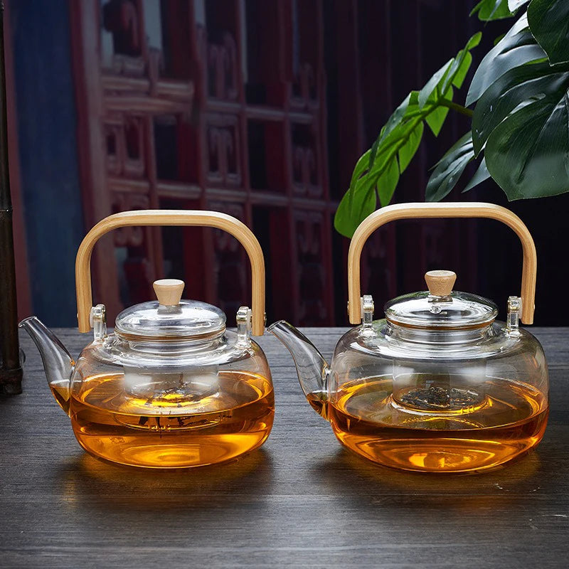 1000/1200ml Teapot High Borosilicate Glass Chinese Tea Ceremony Clear Teapot with Filter Wood Handle for Electric Ceramic Stove