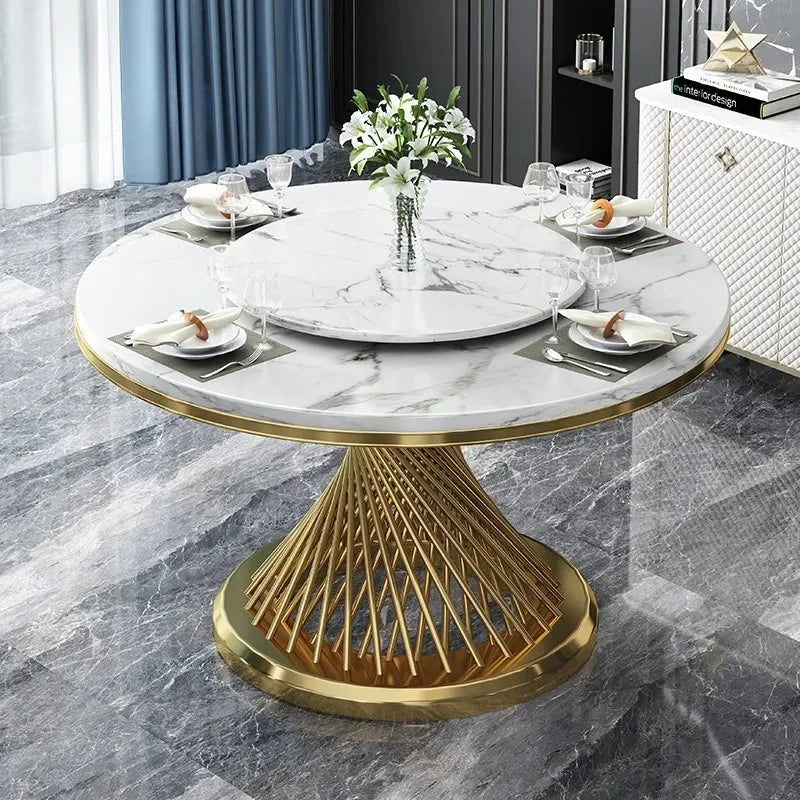 Designer Luxury round dinning Marble Rock Slab dining table set 6 chairs mesa comedor sillas furniture Stainless steel gold base