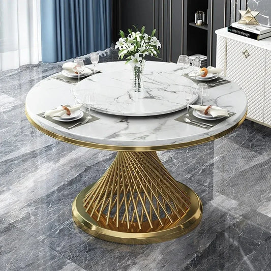 Designer Luxury round dinning Marble Rock Slab dining table set 6 chairs mesa comedor sillas furniture Stainless steel gold base