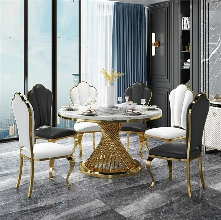 Designer Luxury round dinning Marble Rock Slab dining table set 6 chairs mesa comedor sillas furniture Stainless steel gold base