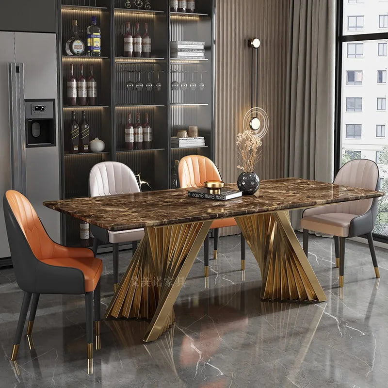 Marble Dining Table with Gold Metal Frame, Elegant Household Furniture for Dining Room & Guest Room.