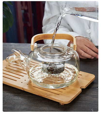 1000/1200ml Teapot High Borosilicate Glass Chinese Tea Ceremony Clear Teapot with Filter Wood Handle for Electric Ceramic Stove