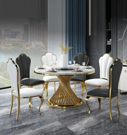 Designer Luxury round dinning Marble Rock Slab dining table set 6 chairs mesa comedor sillas furniture Stainless steel gold base
