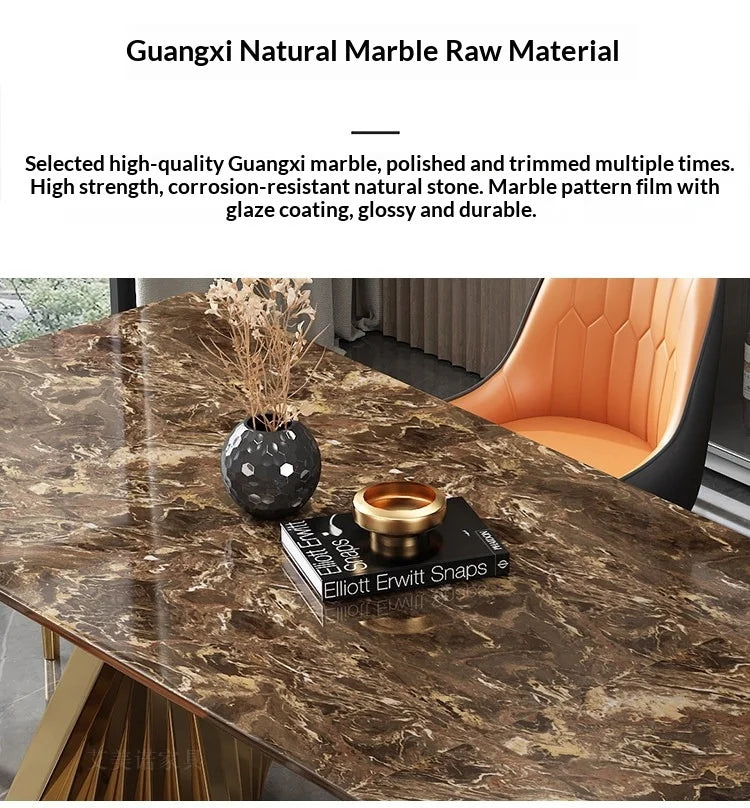 Marble Dining Table with Gold Metal Frame, Elegant Household Furniture for Dining Room & Guest Room.