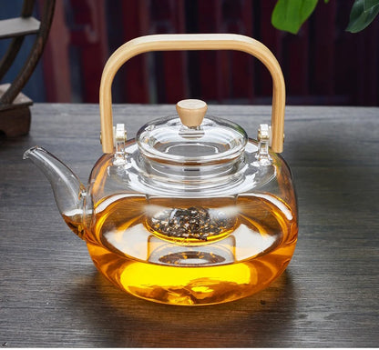1000/1200ml Teapot High Borosilicate Glass Chinese Tea Ceremony Clear Teapot with Filter Wood Handle for Electric Ceramic Stove