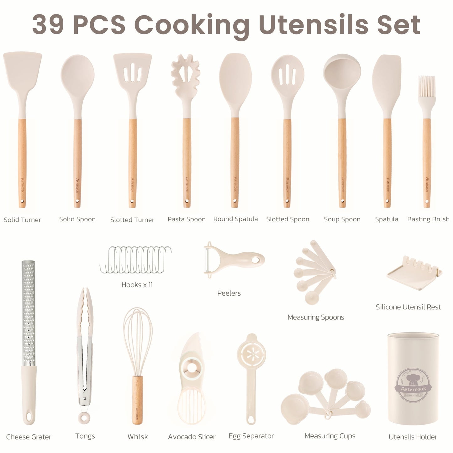Astercook Silicone Cooking Utensils Set, 38 PCS Kitchen Utensils Set for 446°F Heat Resistant, Food Grade Utensil Sets with Wooden Handle, Kitchen Gadgets for Nonstick Cookware BPA Free (White)