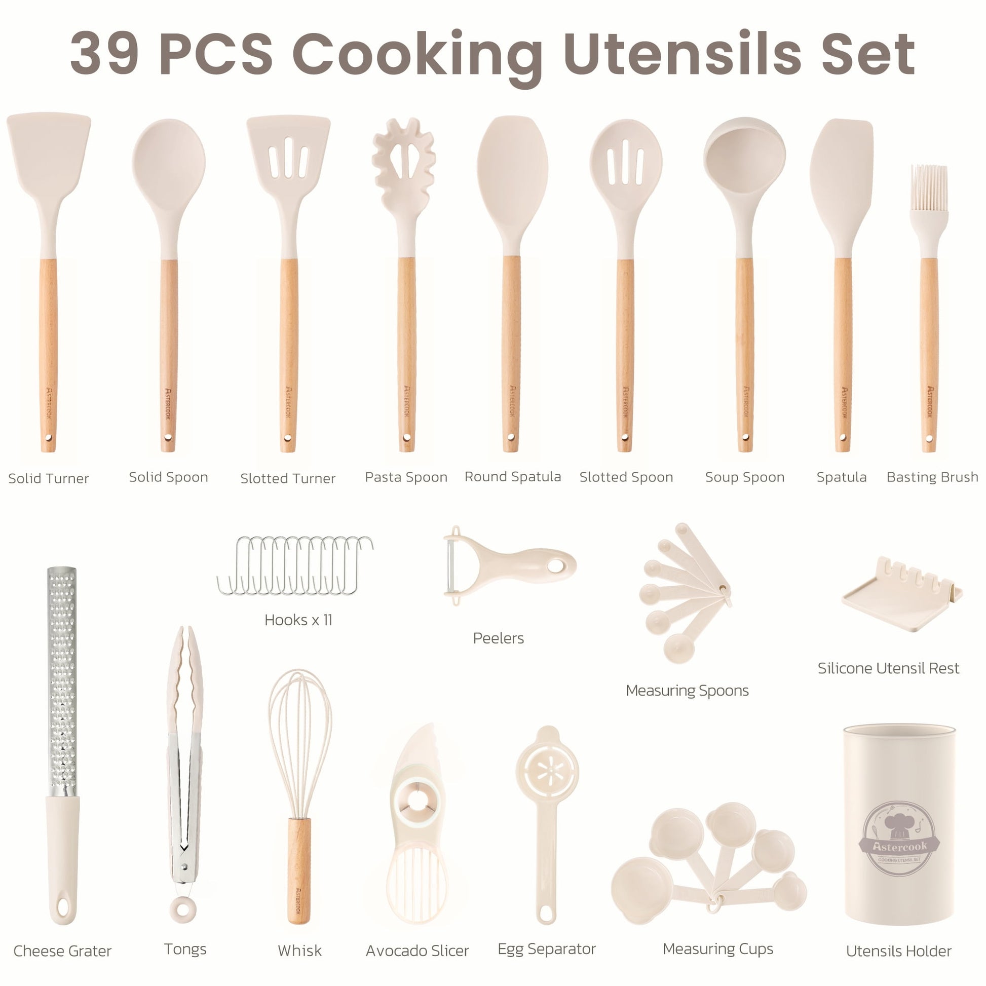 Astercook Silicone Cooking Utensils Set, 38 PCS Kitchen Utensils Set for 446°F Heat Resistant, Food Grade Utensil Sets with Wooden Handle, Kitchen Gadgets for Nonstick Cookware BPA Free (White)