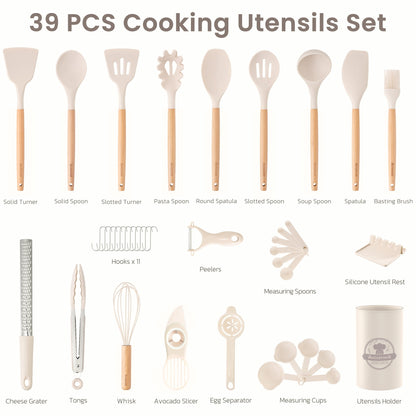 Astercook Silicone Cooking Utensils Set, 38 PCS Kitchen Utensils Set for 446°F Heat Resistant, Food Grade Utensil Sets with Wooden Handle, Kitchen Gadgets for Nonstick Cookware BPA Free (White)