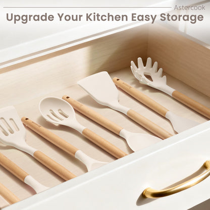 Astercook Silicone Cooking Utensils Set, 38 PCS Kitchen Utensils Set for 446°F Heat Resistant, Food Grade Utensil Sets with Wooden Handle, Kitchen Gadgets for Nonstick Cookware BPA Free (White)