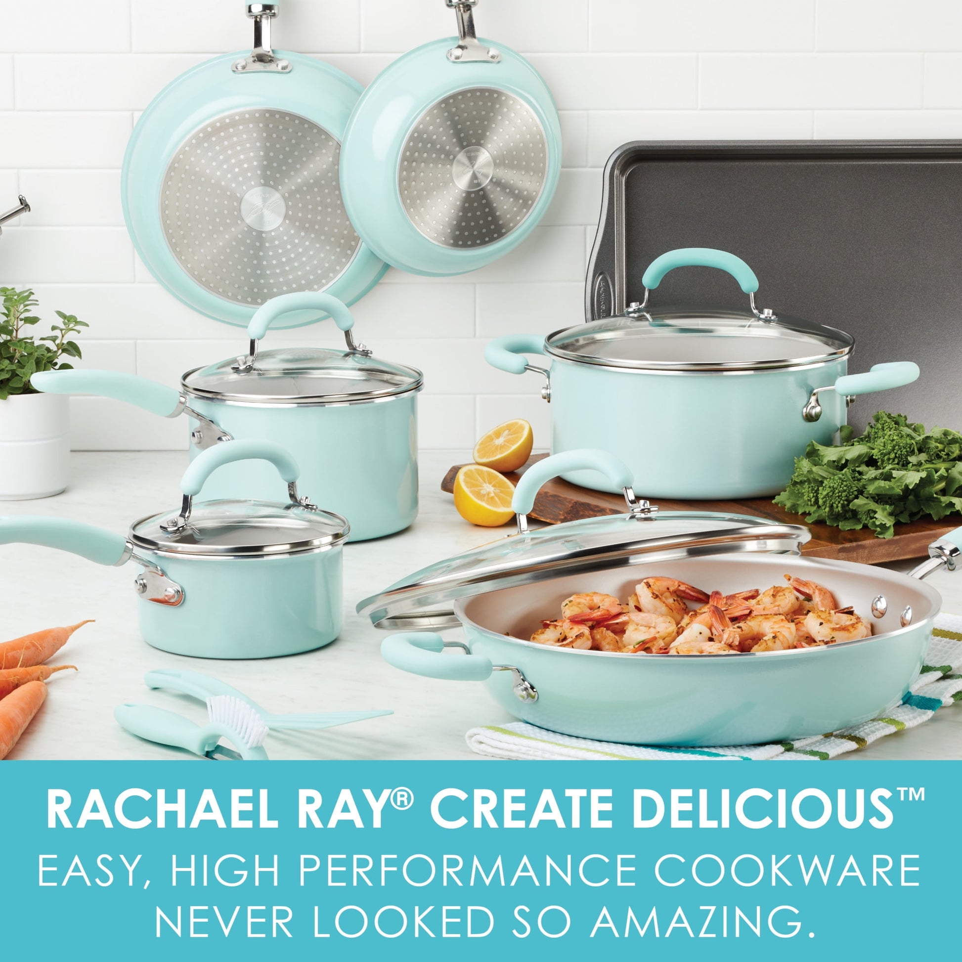 Rachael Ray Create 13 Piece Delicious Aluminum Nonstick Pots and Pans, Light Blue