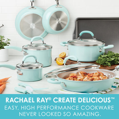 Rachael Ray Create 13 Piece Delicious Aluminum Nonstick Pots and Pans, Light Blue