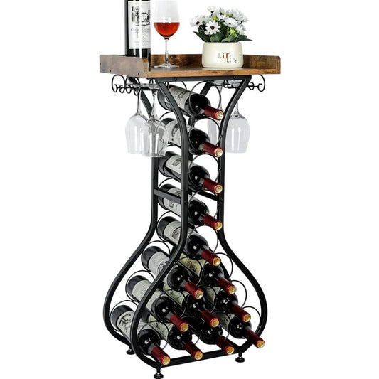 X-Cosrack Wine Rack Freestanding Floor, Mini Bar Table Wine Holder Stand Liquor Cabinet With Glass Holder Wood Tabletop 14 Bottles Floor Wine Storage