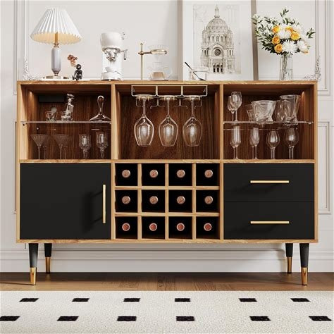 IDEALHOUSE Wine Bar Cabinet With Storage, 47'' Home Coffee Bar Liquor Cabinet With Wine Rack & Glass Holder & LED Light, Kitchen Buffet Sideboard For