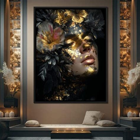 Golden Reverie Floral Visage: Luxe Home Decor | Elegant Wall Art | Chic Gold & Floral Portrait By NICHECANVAS